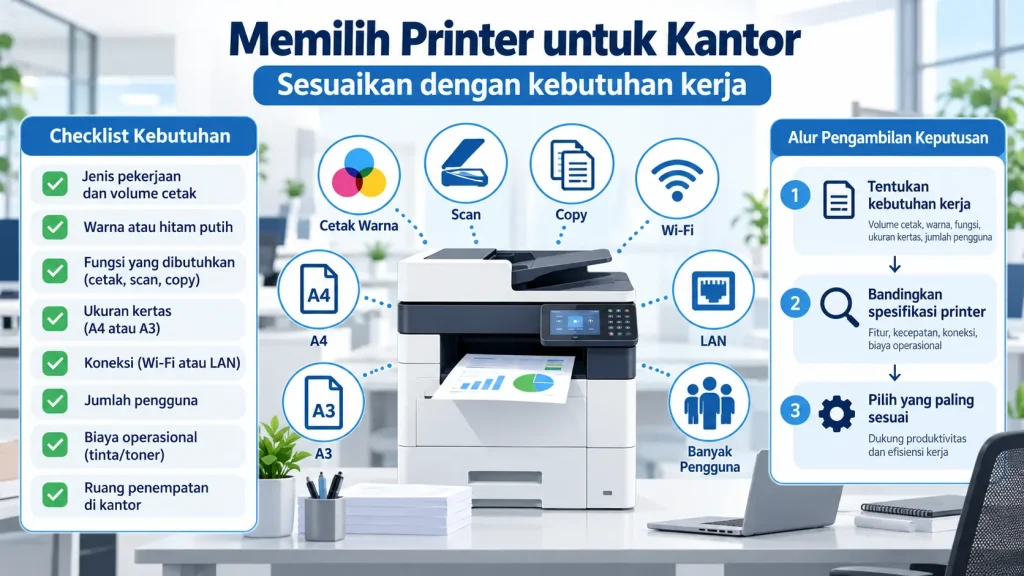 Infografis cara memilih printer untuk kantor berdasarkan kebutuhan kerja